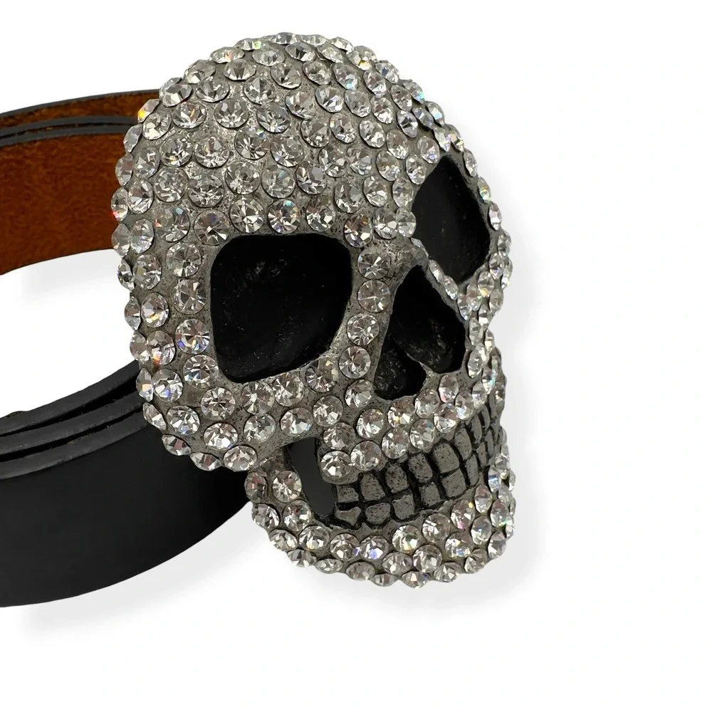 Studded‎ Skull Black Genuine Leather Belt Rock Rhinestones Men's Size 34-36